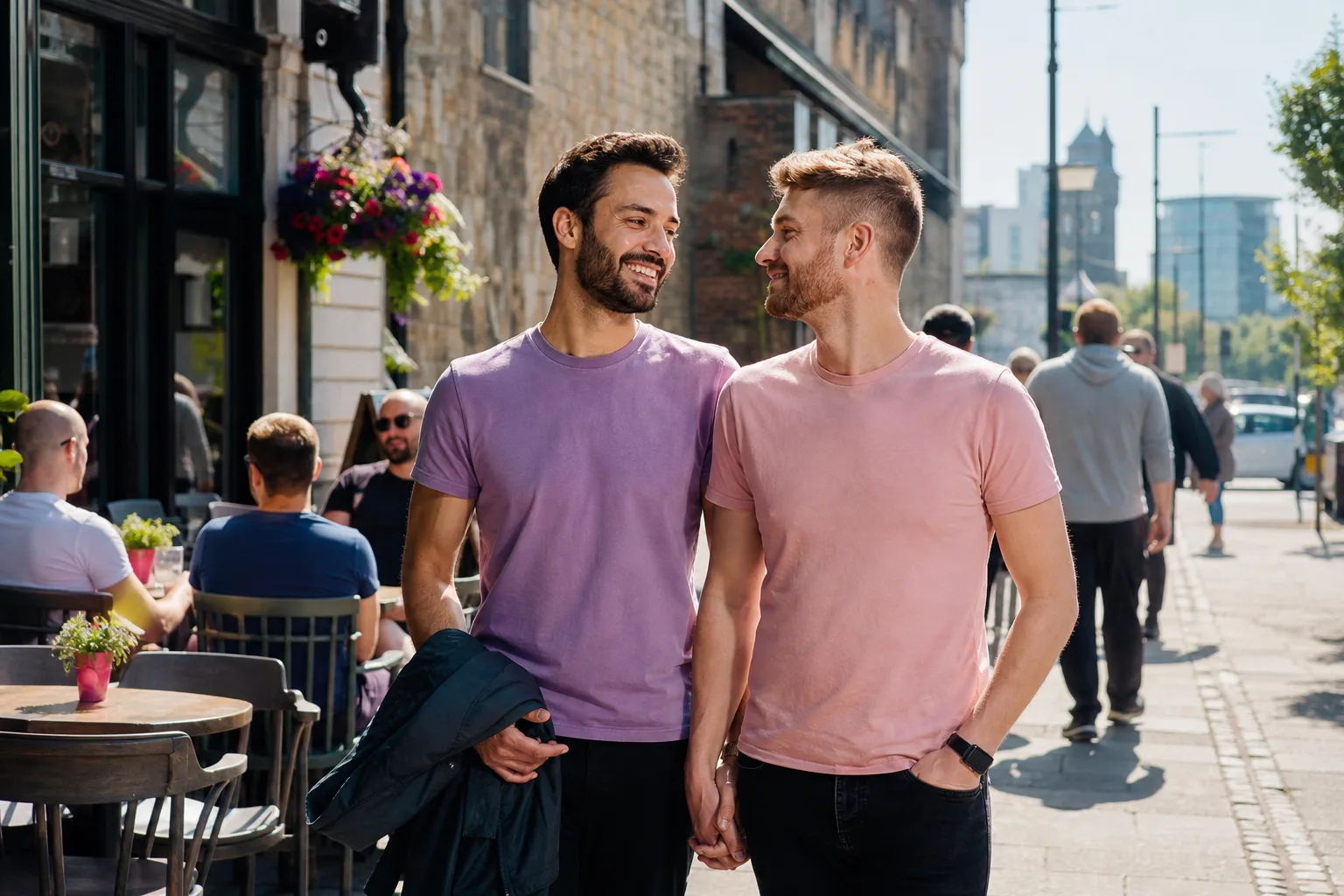 Two gay men talking over coffee in Cardiff city centre