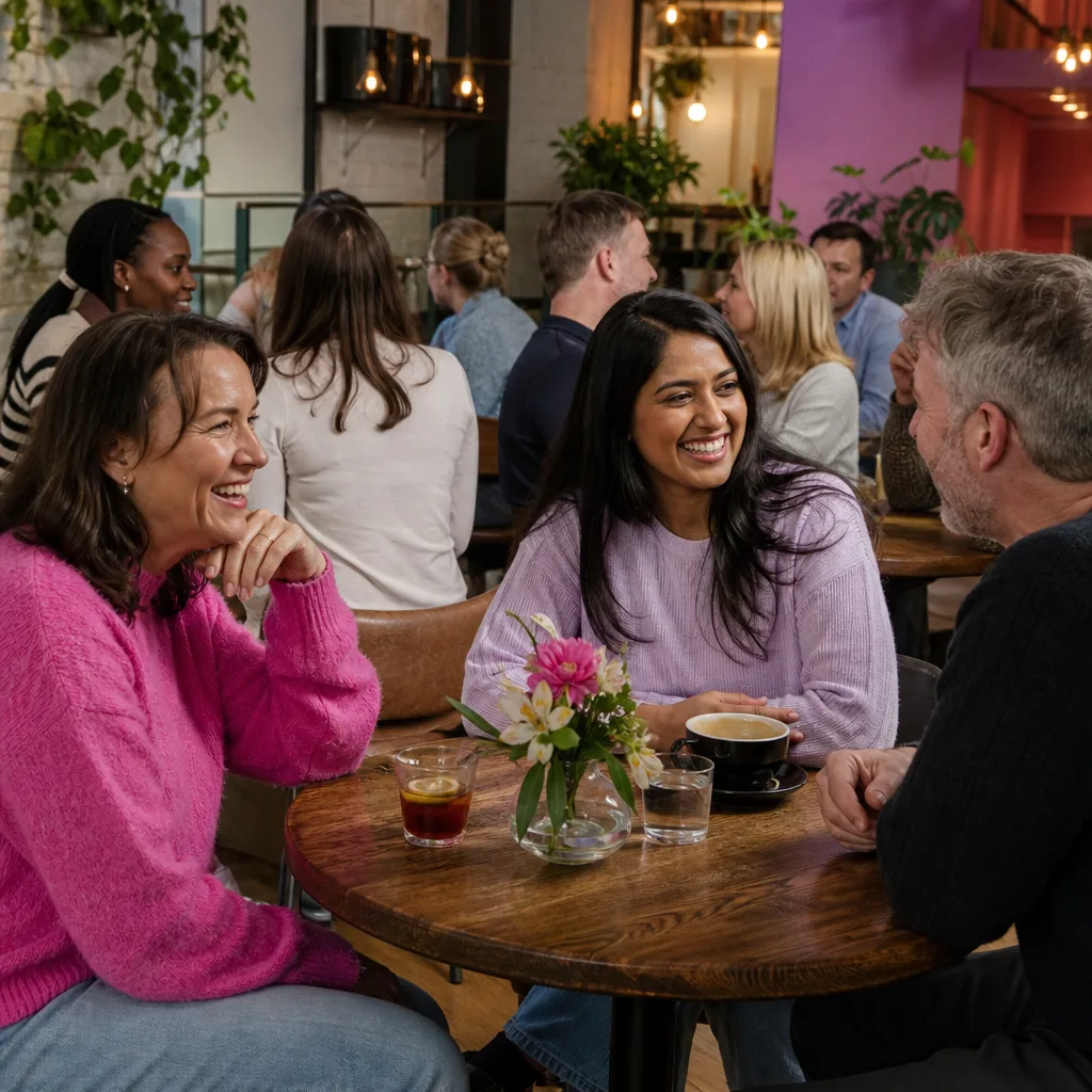 Friends checking a Cardiff events listing over coffee