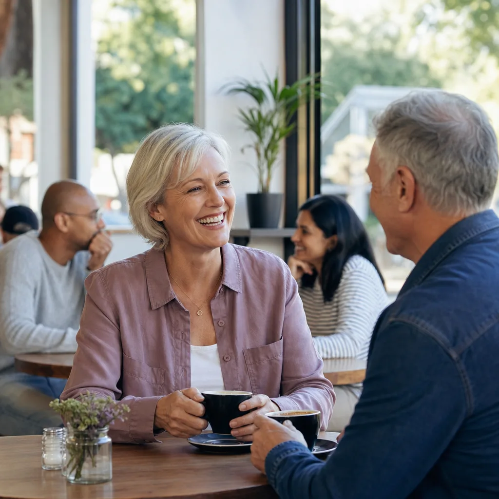 Two mature adults talking over coffee at a Cardiff café