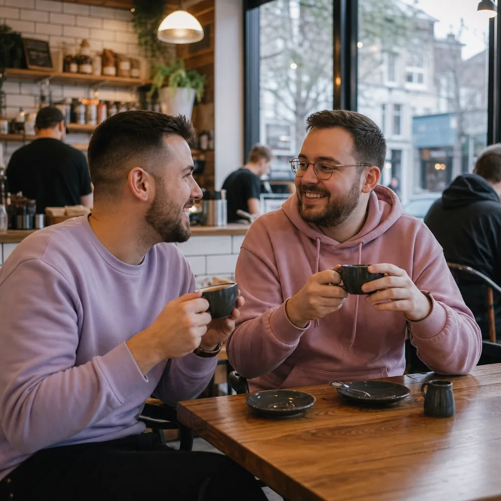 Two men meeting outside a cafe near central Cardiff