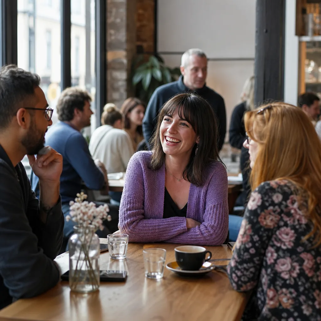 Two people talking across a table at a hosted Cardiff social evening