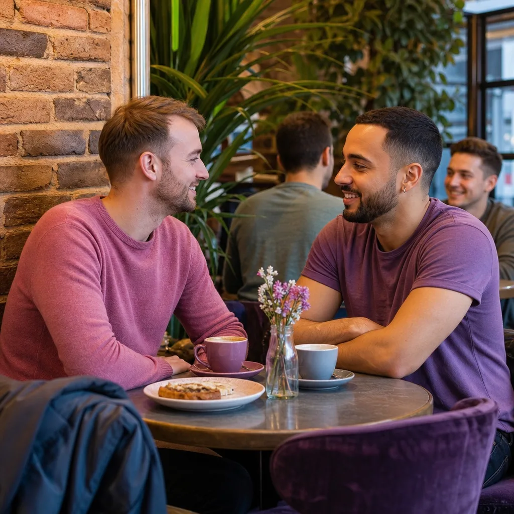 Gay couple walking together through Bute Park in Cardiff