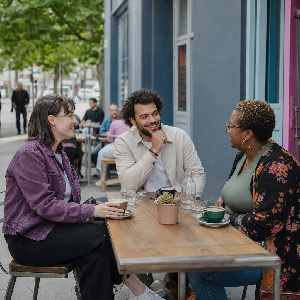 Two people having coffee at a public venue in Cardiff