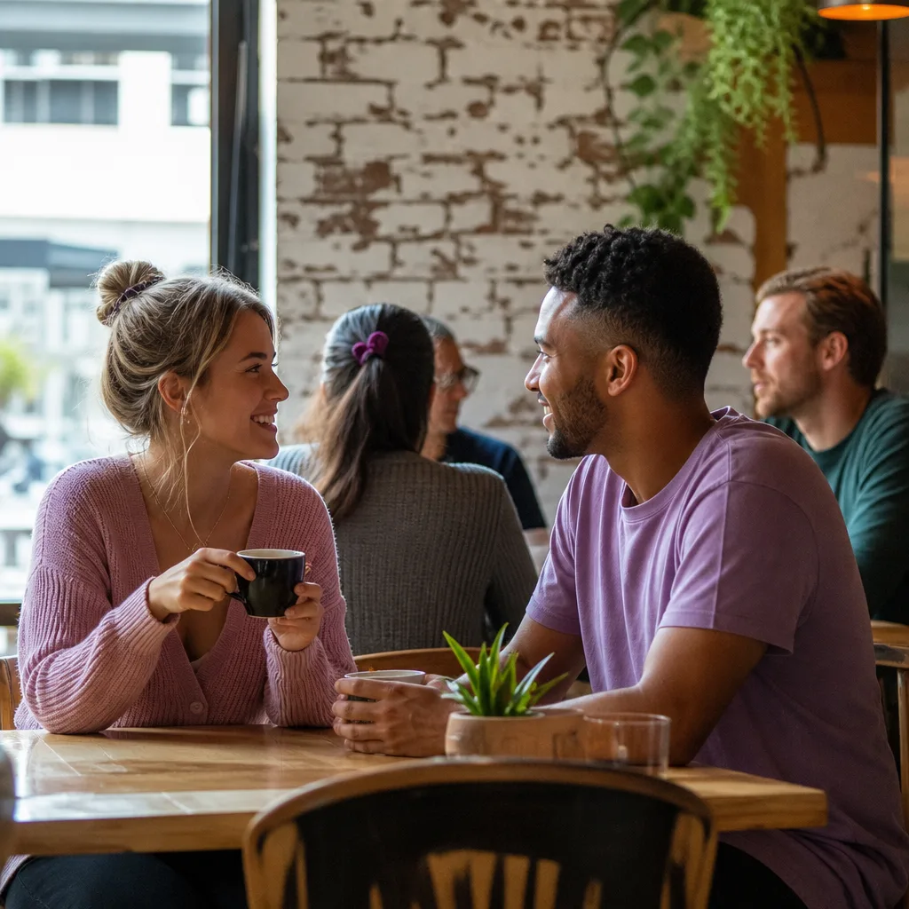 Two adults chatting over coffee at a Cardiff café
