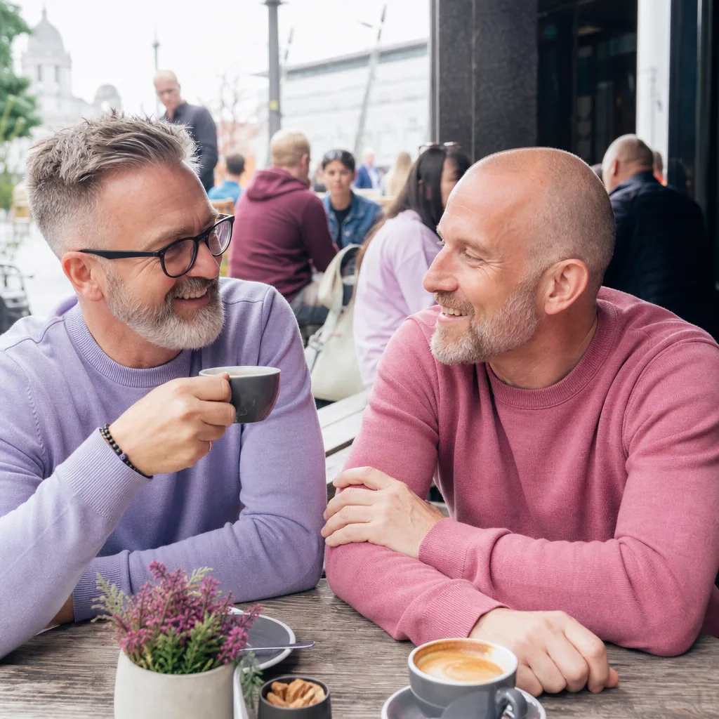 Two men chatting at a public venue in Cardiff during the afternoon
