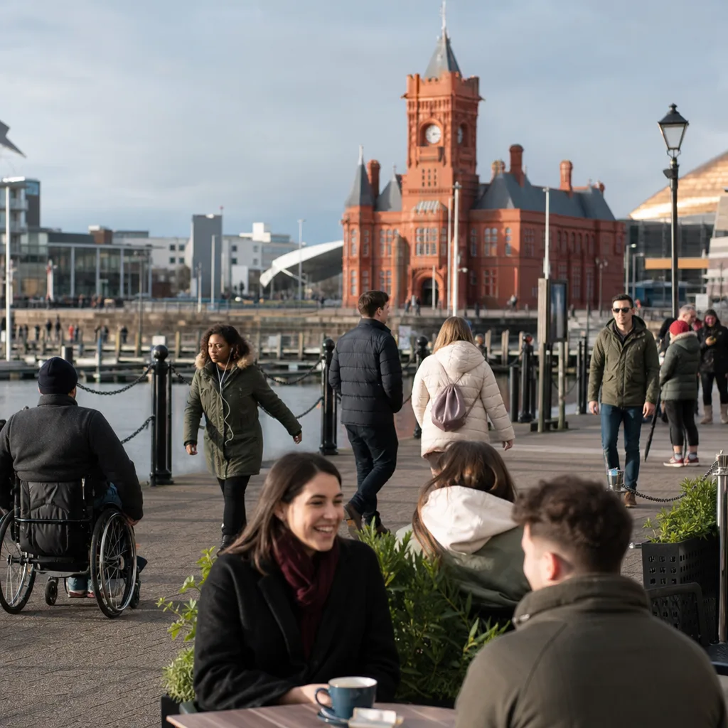 People meeting at a busy staffed venue near Cardiff city centre