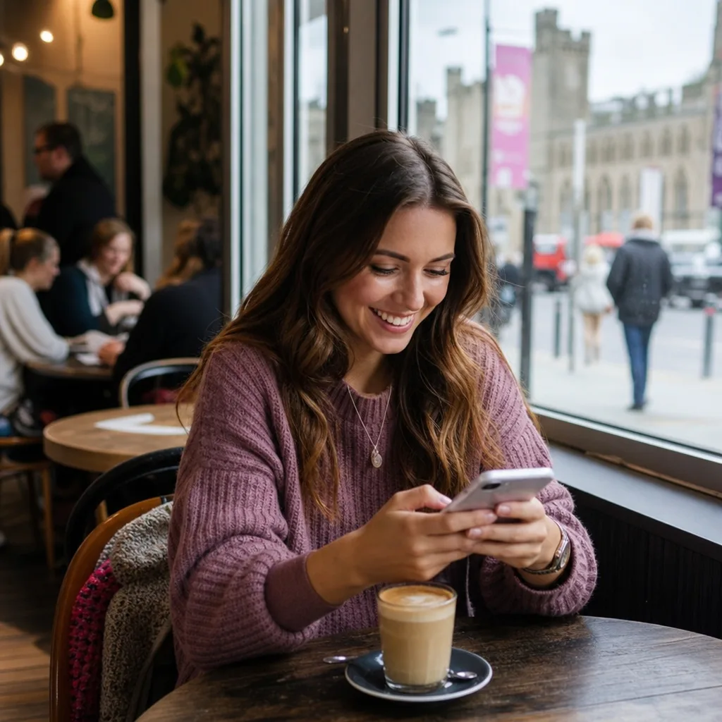 Two people chatting over coffee during a relaxed first date in Cardiff